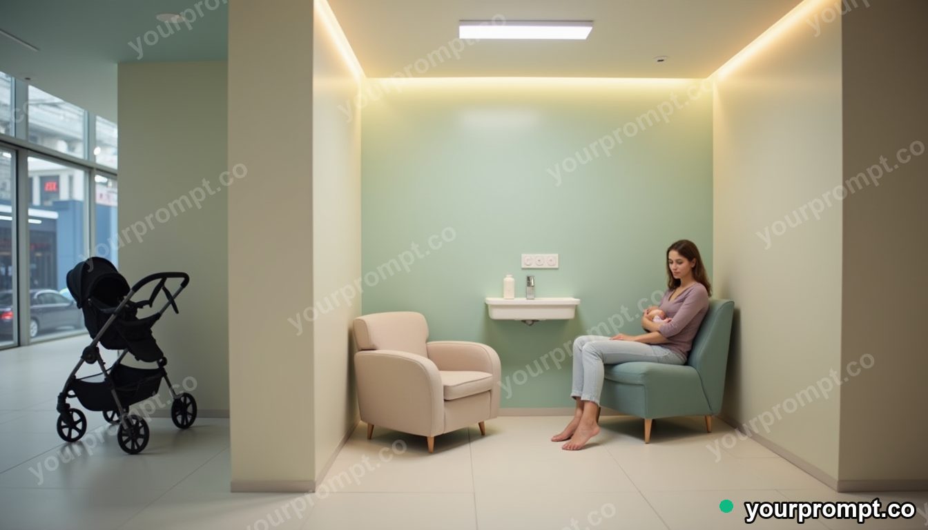Public breastfeeding comfort pod in cinematic style — AI-generated image from a text prompt