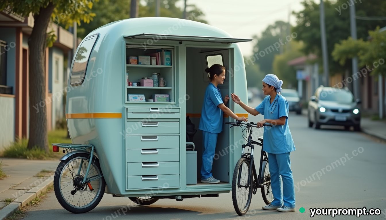 Neighborhood micro-clinic bike unit in cinematic style — AI-generated image from a text prompt