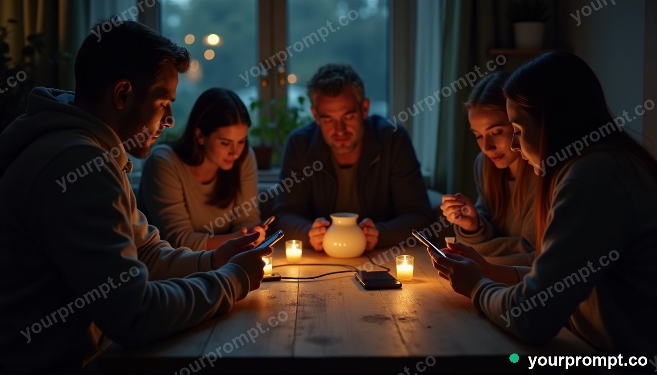 Community battery during blackout in cinematic style — AI-generated image from a text prompt