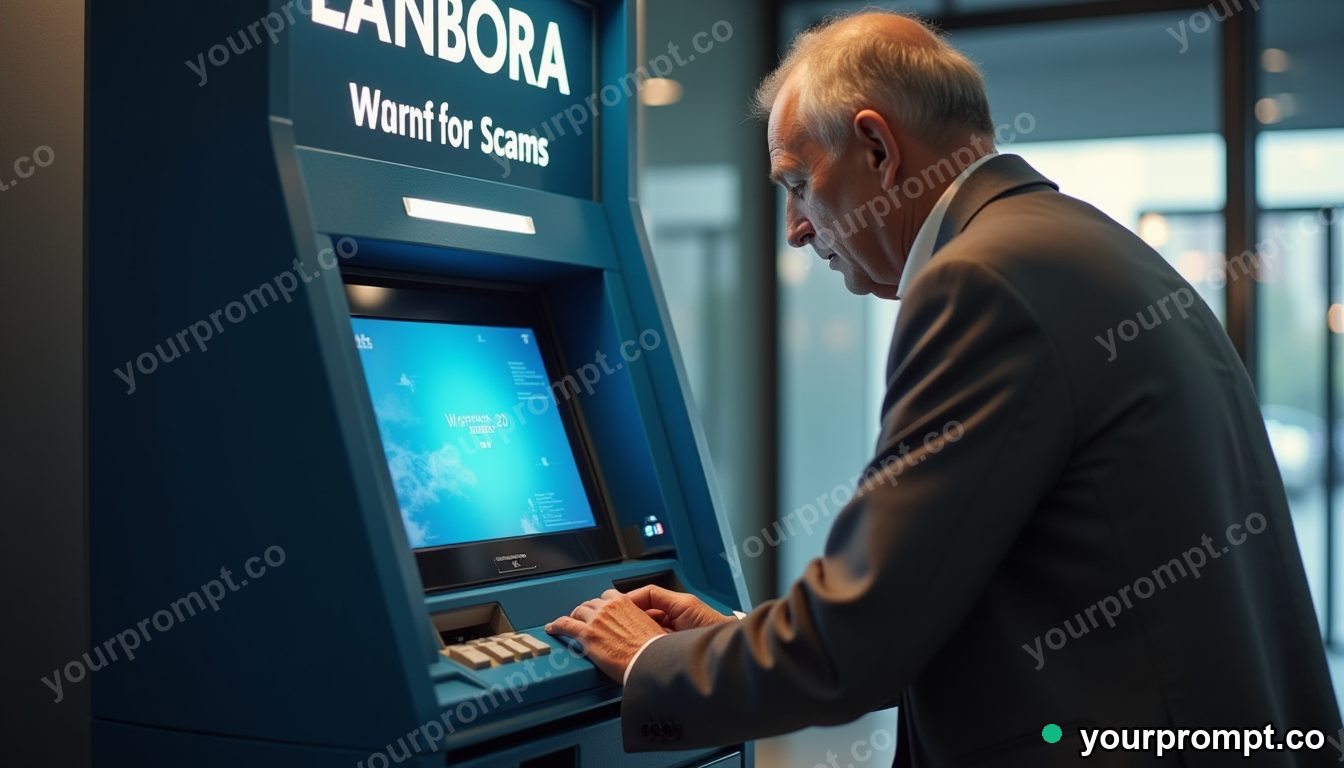 Anti-scam elder banking kiosk in cinematic style — AI-generated image from a text prompt