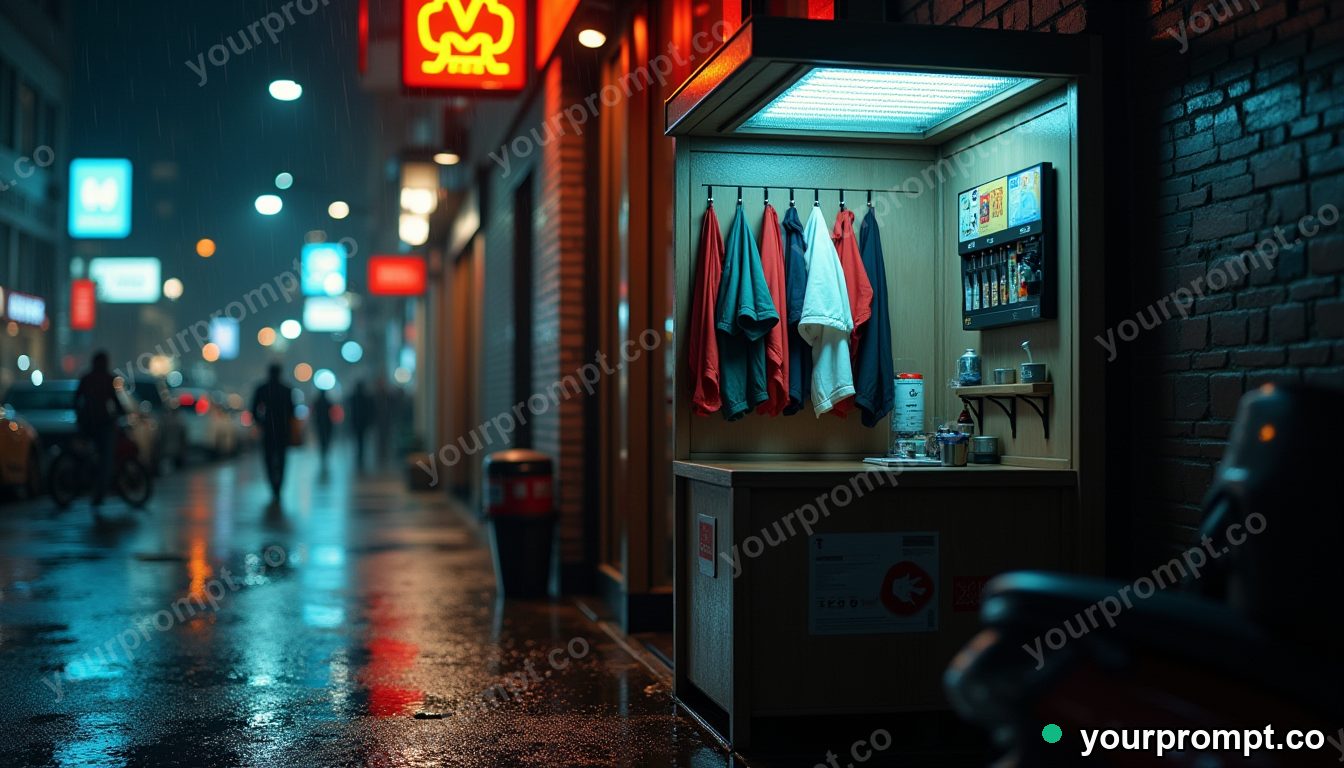 Food delivery rider rain station in cinematic style — AI-generated image from a text prompt