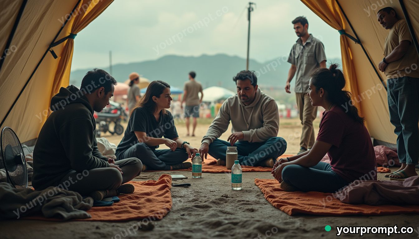 Climate grief counseling tent in cinematic style — AI-generated image from a text prompt