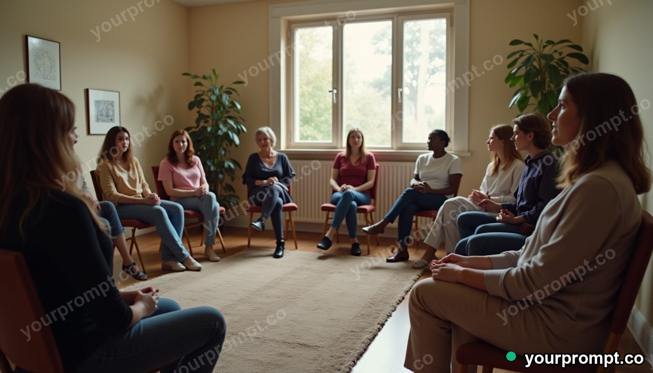 Affordable therapy group room in cinematic style — AI-generated image from a text prompt
