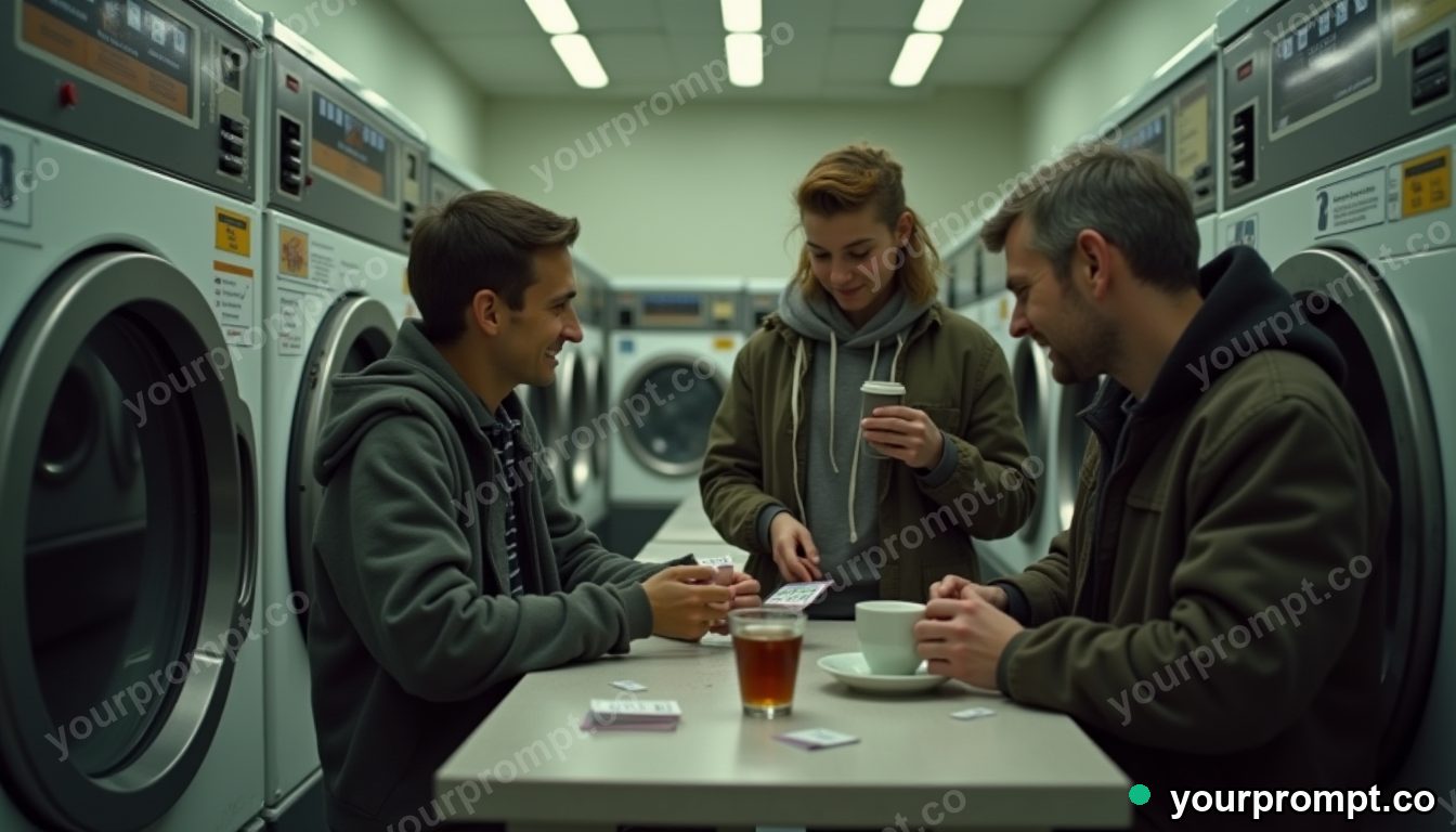 Language exchange laundromat in cinematic style — AI-generated image from a text prompt