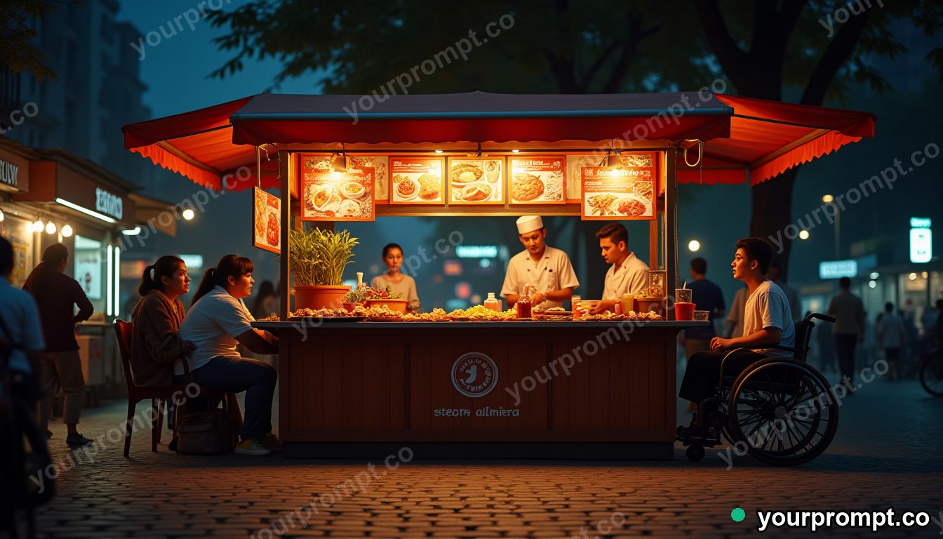 Accessible street food counter in cinematic style — AI-generated image from a text prompt