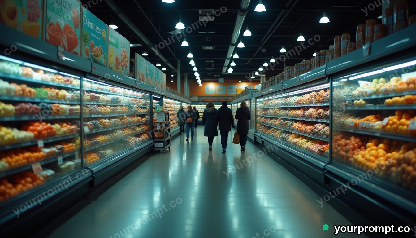 Quiet shopping hour supermarket in cinematic style — AI-generated image from a text prompt