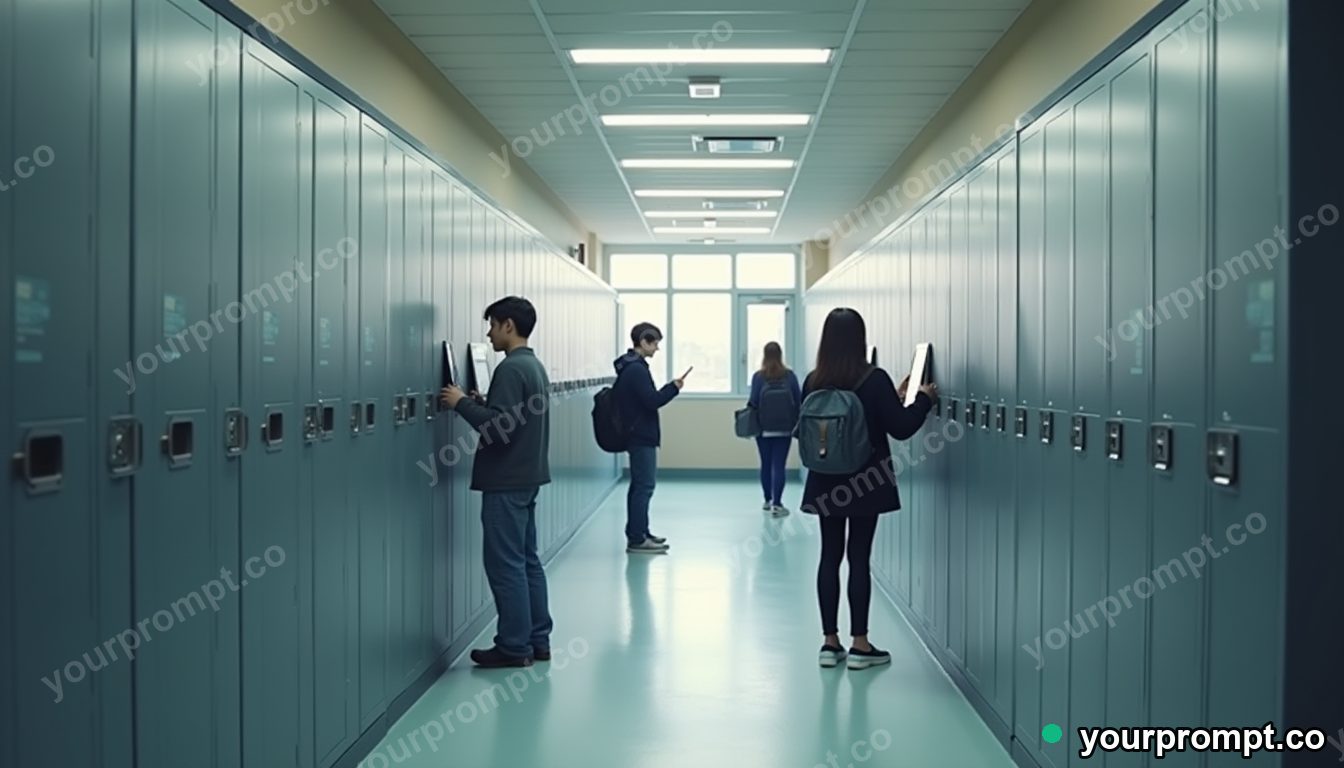 Public charging lockers for students in cinematic style — AI-generated image from a text prompt