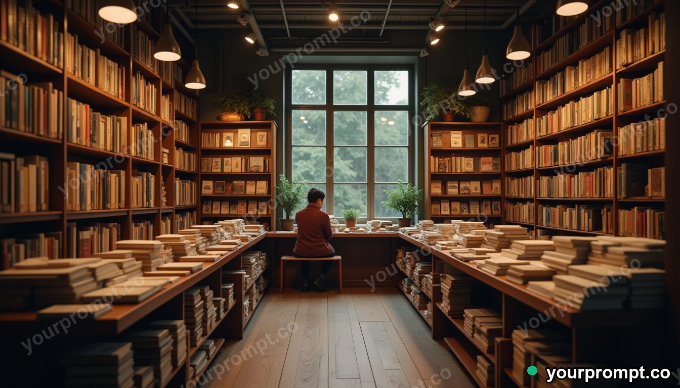Tiny bookstore for dyslexic readers in cinematic style — AI-generated image from a text prompt