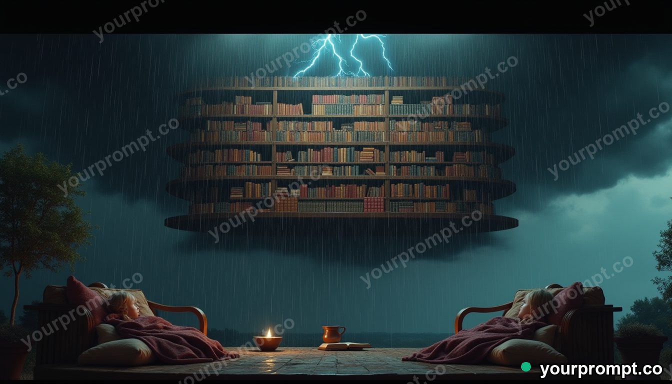 Library inside a thundercloud in cinematic style — AI-generated image from a text prompt