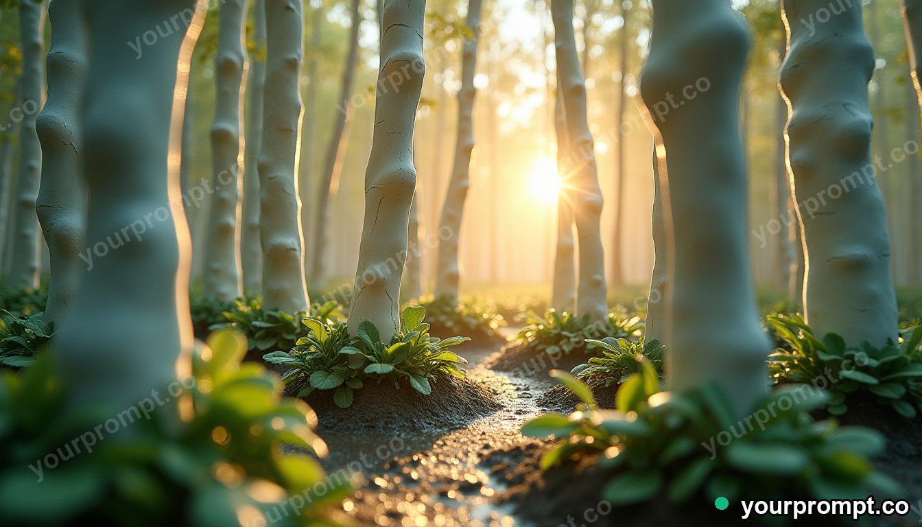 Porcelain forest at dawn in cinematic style — AI-generated image from a text prompt