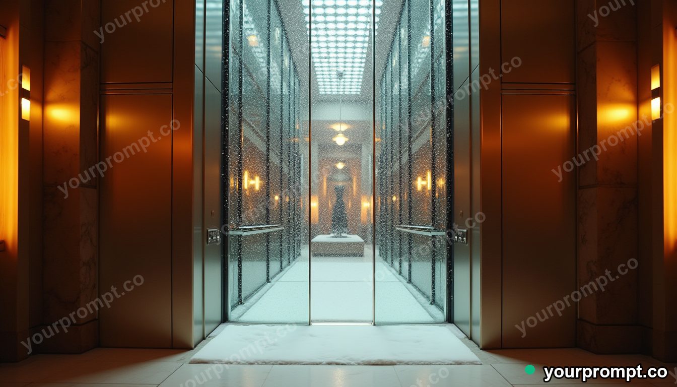 Snowfall inside a glass elevator in cinematic style — AI-generated image from a text prompt