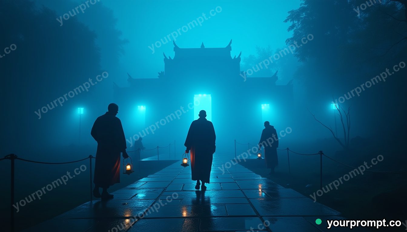 Monastery of blue neon fog in cinematic style — AI-generated image from a text prompt