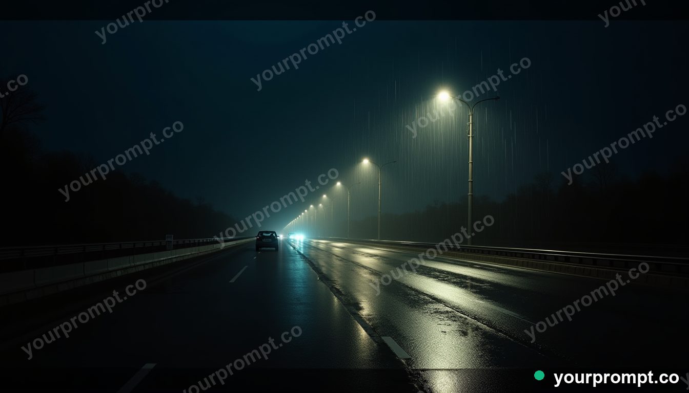 Pearl rain over empty freeway in cinematic style — AI-generated image from a text prompt