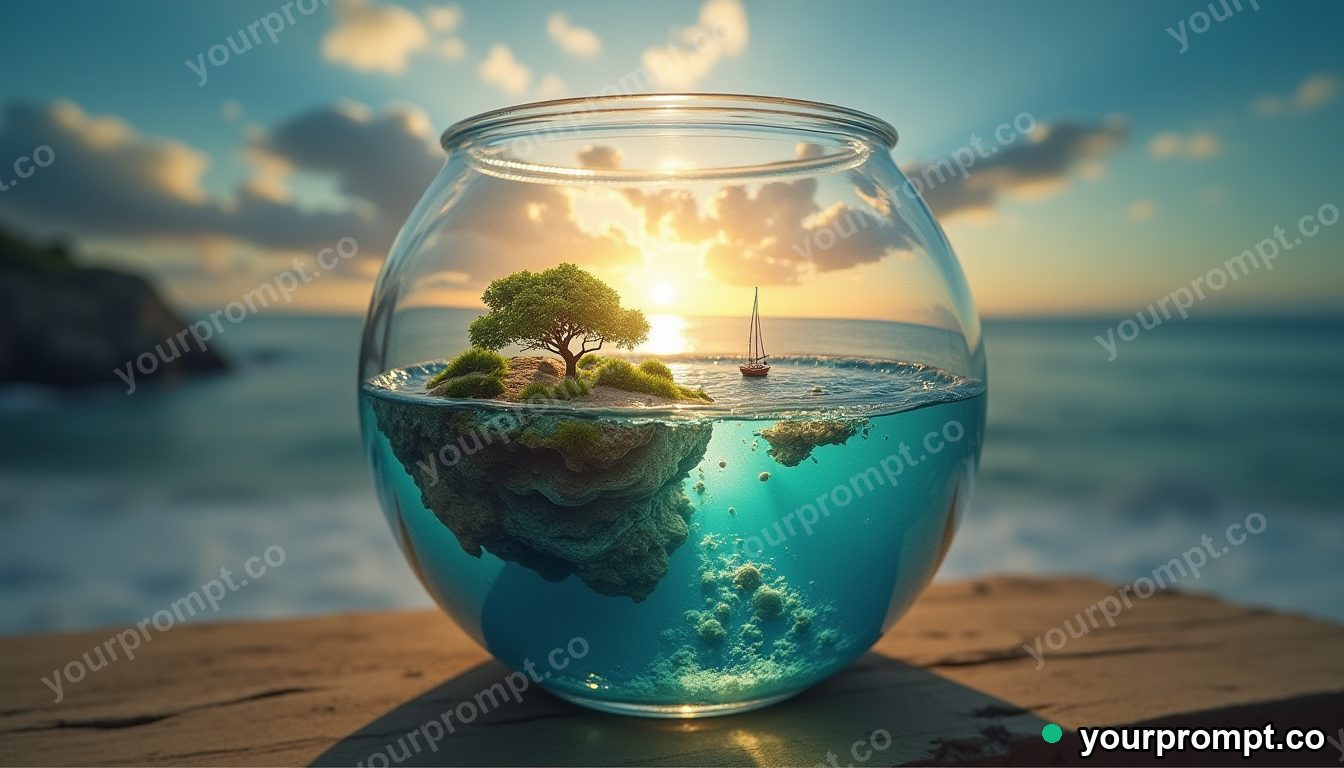 Tiny planet in a fishbowl in cinematic style — AI-generated image from a text prompt