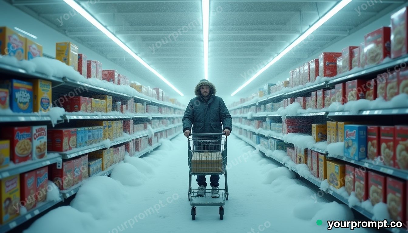 Frozen supermarket aisle in cinematic style — AI-generated image from a text prompt