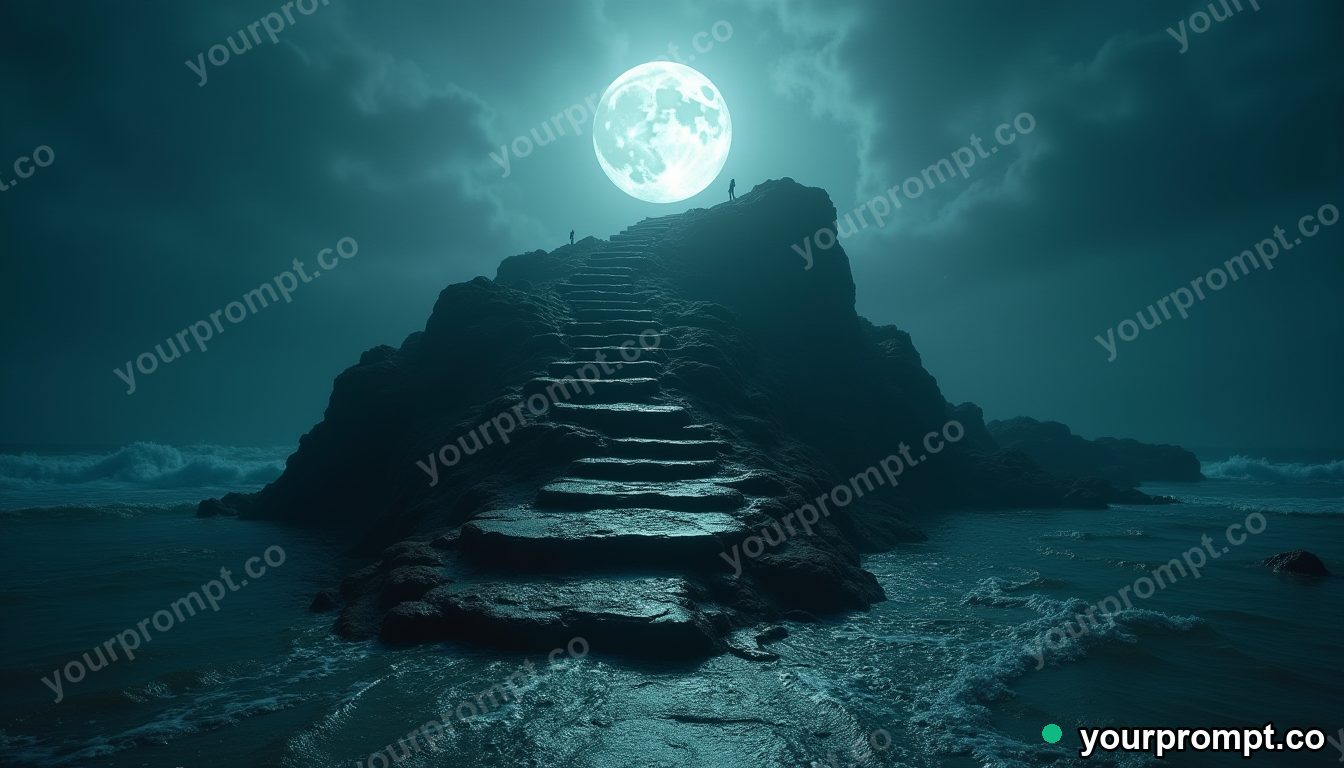 Coral staircase to the moon in cinematic style — AI-generated image from a text prompt