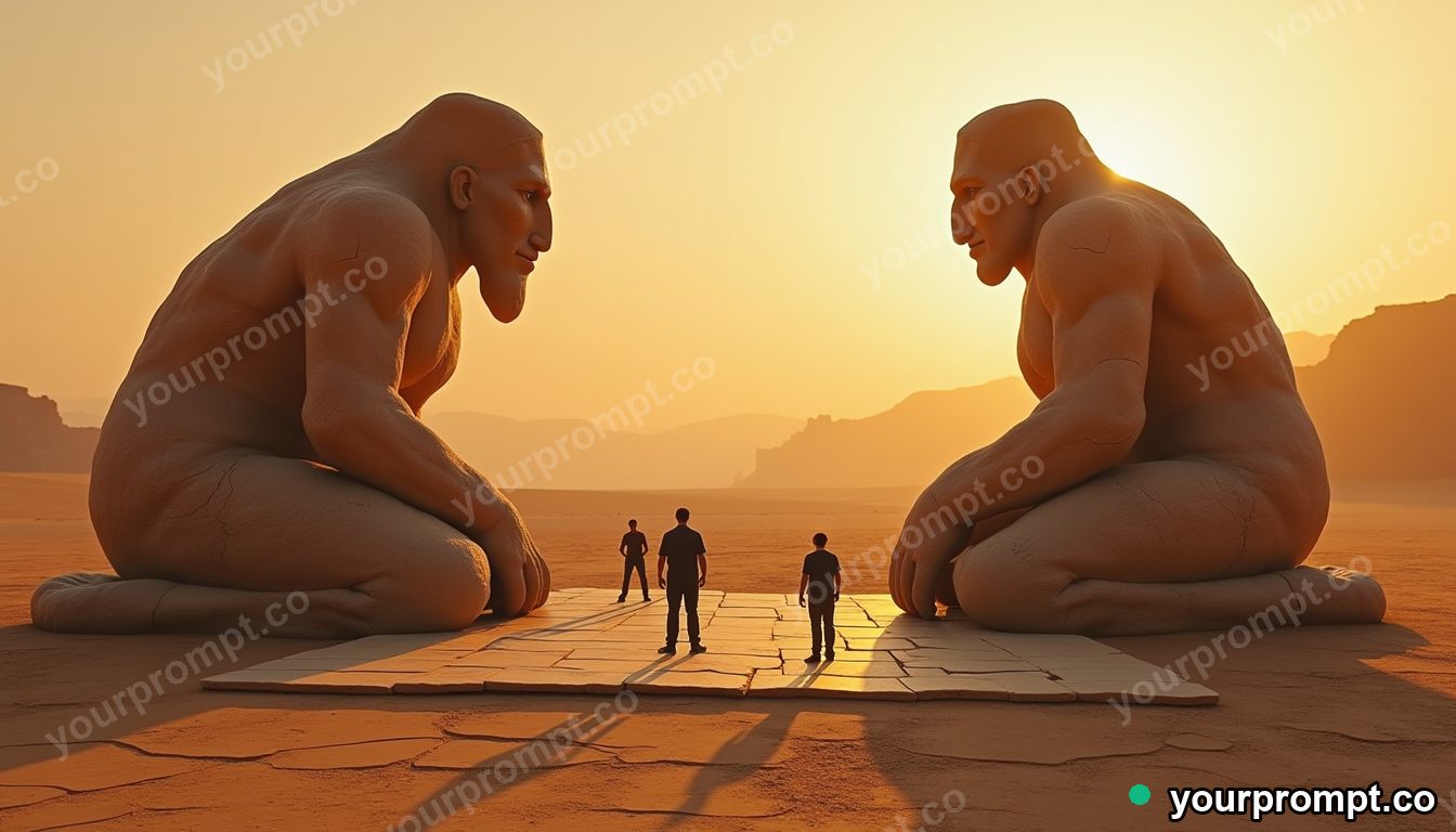 Desert chess match with giants in cinematic style — AI-generated image from a text prompt