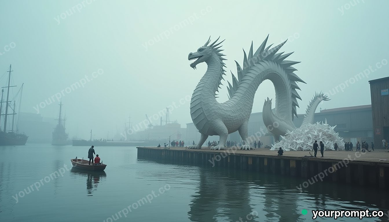 Origami dragon repair dock in cinematic style — AI-generated image from a text prompt