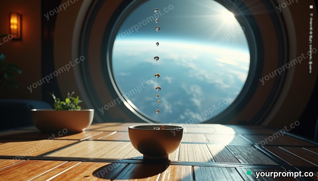 Tea ceremony in zero gravity in cinematic style — AI-generated image from a text prompt
