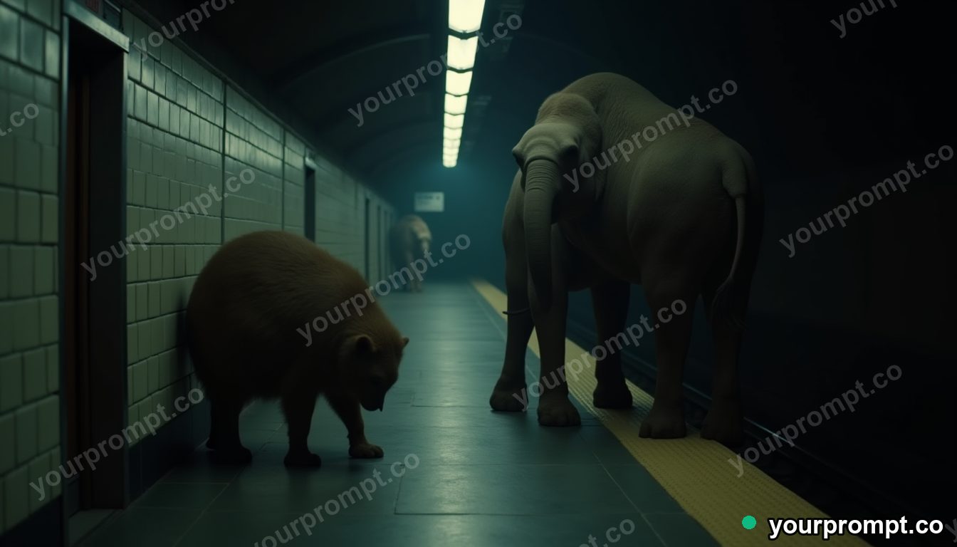 Subway platform for extinct animals in cinematic style — AI-generated image from a text prompt