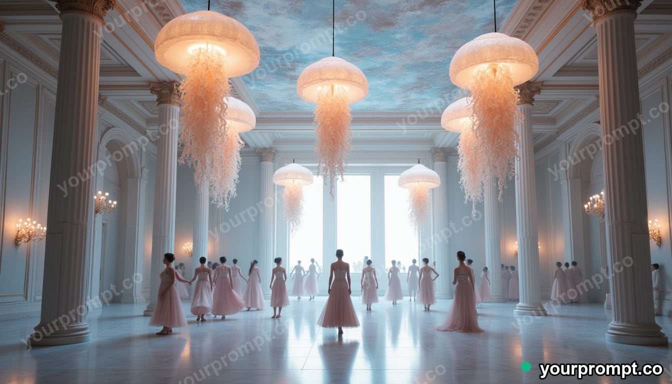 Marble jellyfish ballroom in cinematic style — AI-generated image from a text prompt