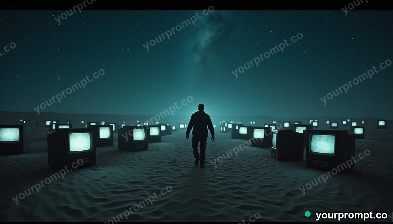 Desert of sleeping televisions in cinematic style — AI-generated image from a text prompt