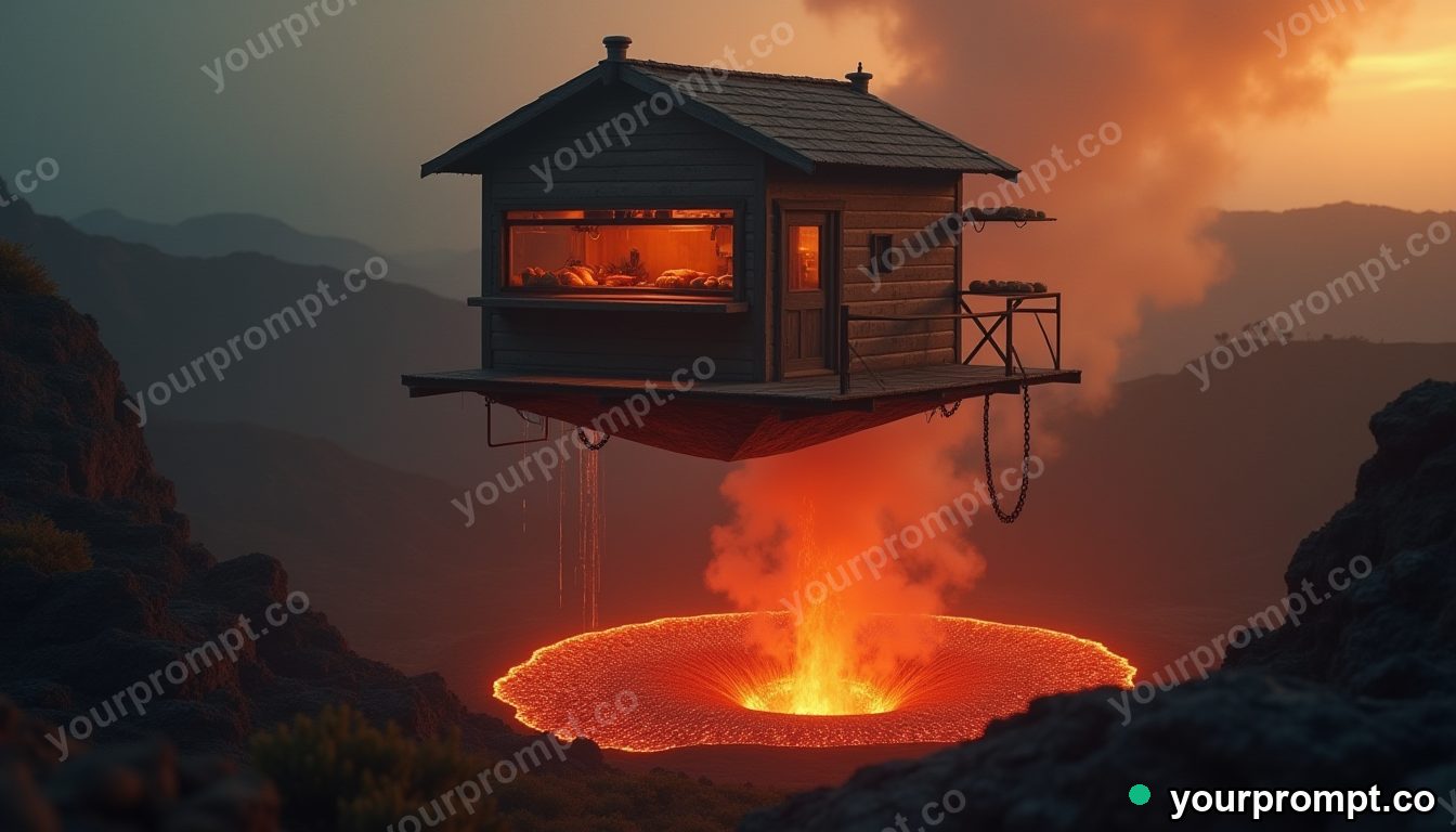 Floating bakery over volcano in cinematic style — AI-generated image from a text prompt