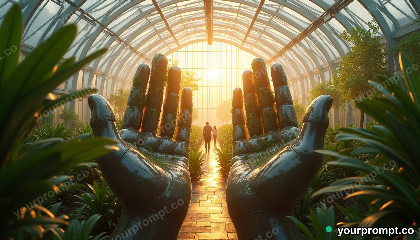 Giant hand-shaped greenhouse in cinematic style — AI-generated image from a text prompt