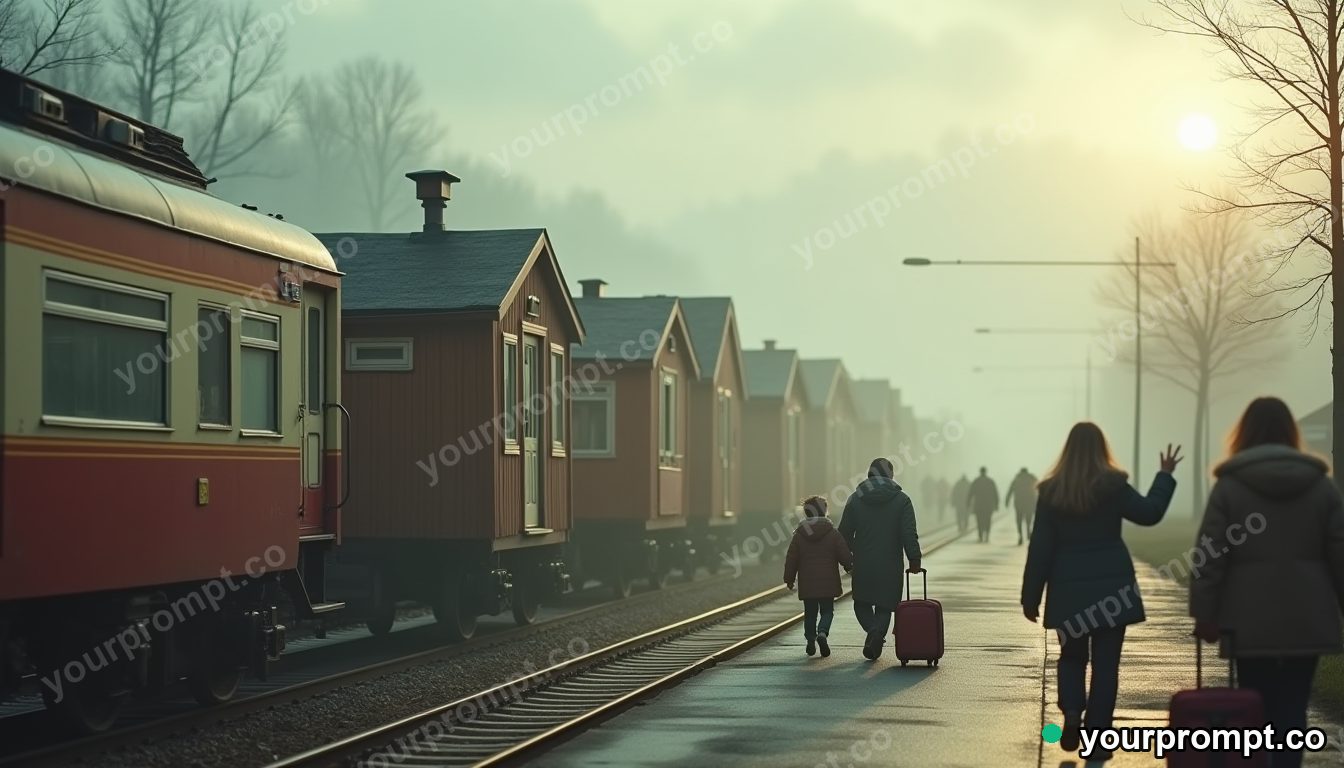 Train station for migrating houses in cinematic style — AI-generated image from a text prompt