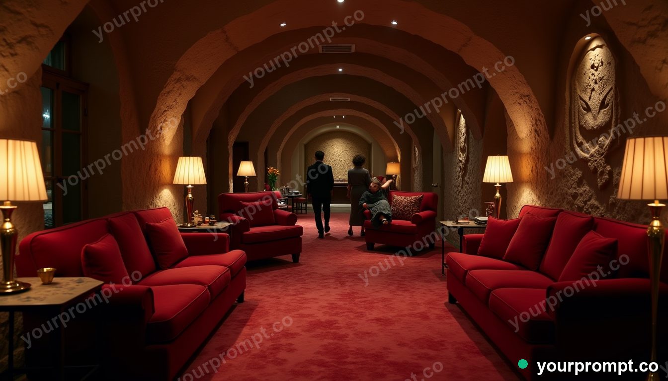 Velvet cave hotel lobby in cinematic style — AI-generated image from a text prompt