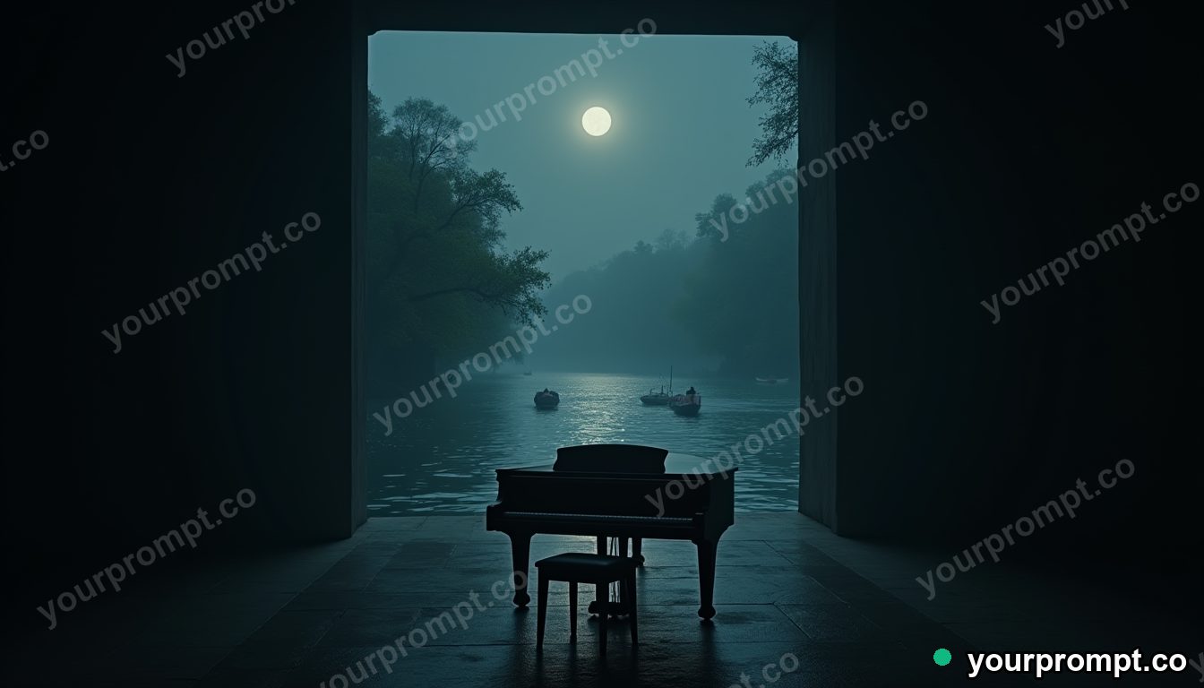 River flowing through a piano in cinematic style — AI-generated image from a text prompt