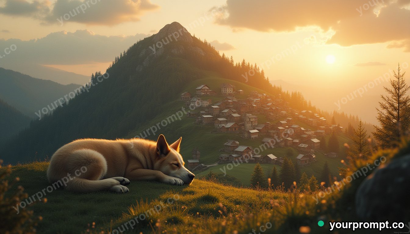 Mountain-sized sleeping dog village in cinematic style — AI-generated image from a text prompt