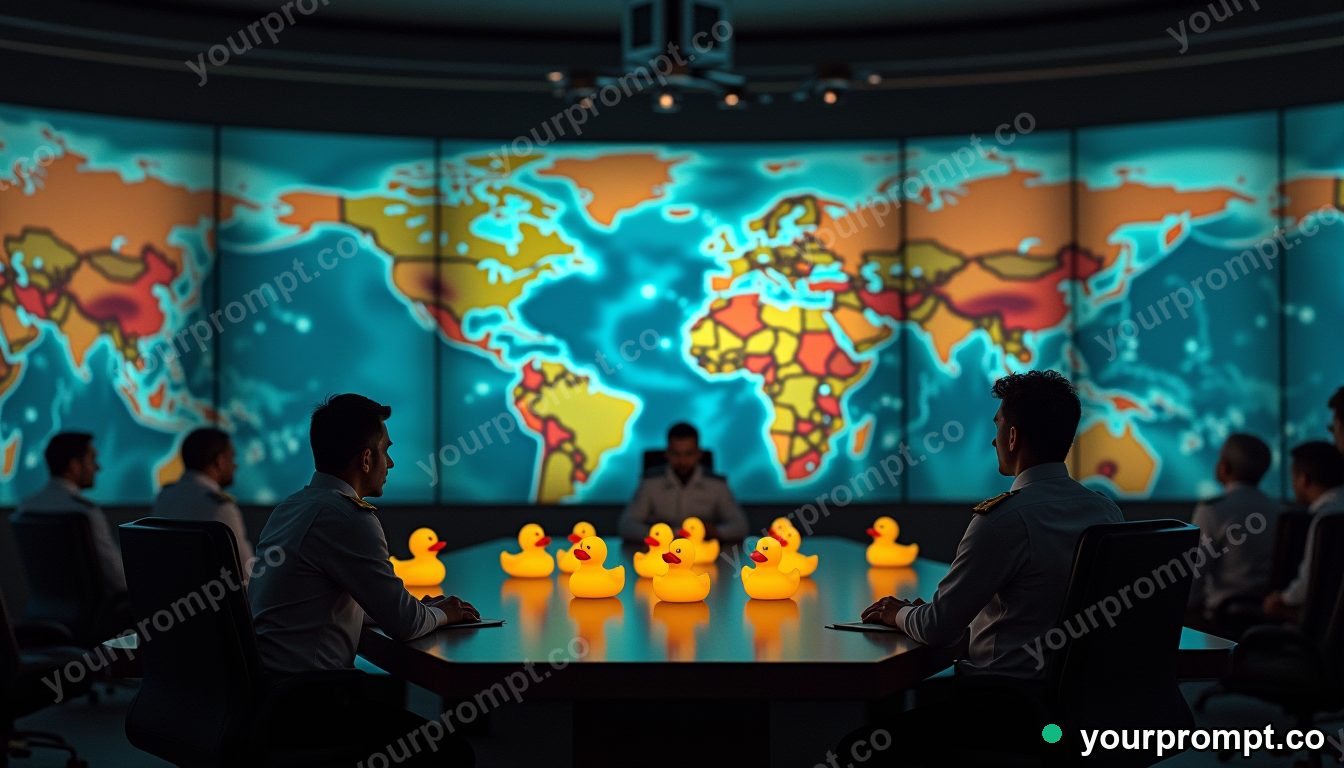 Rubber duck naval command room in cinematic style — AI-generated image from a text prompt