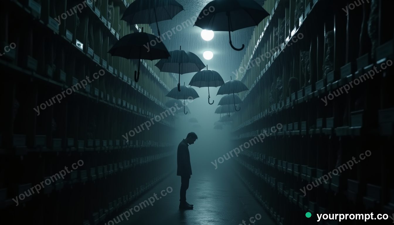 Moonlit archive of lost umbrellas in cinematic style — AI-generated image from a text prompt