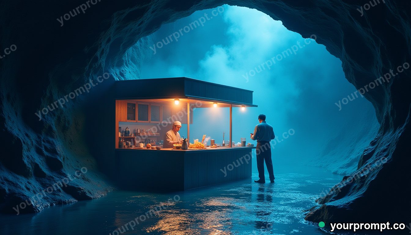 Sapphire cave ramen shop in cinematic style — AI-generated image from a text prompt