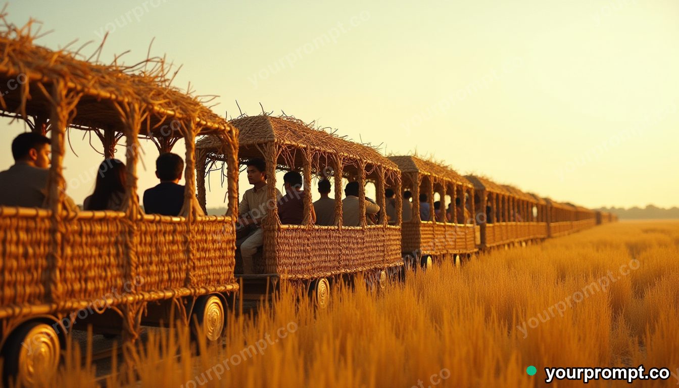 Train made of woven baskets in cinematic style — AI-generated image from a text prompt