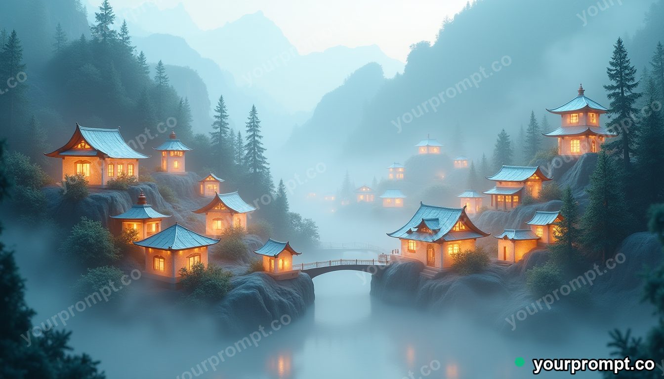 Rice-paper mountain village in cinematic style — AI-generated image from a text prompt