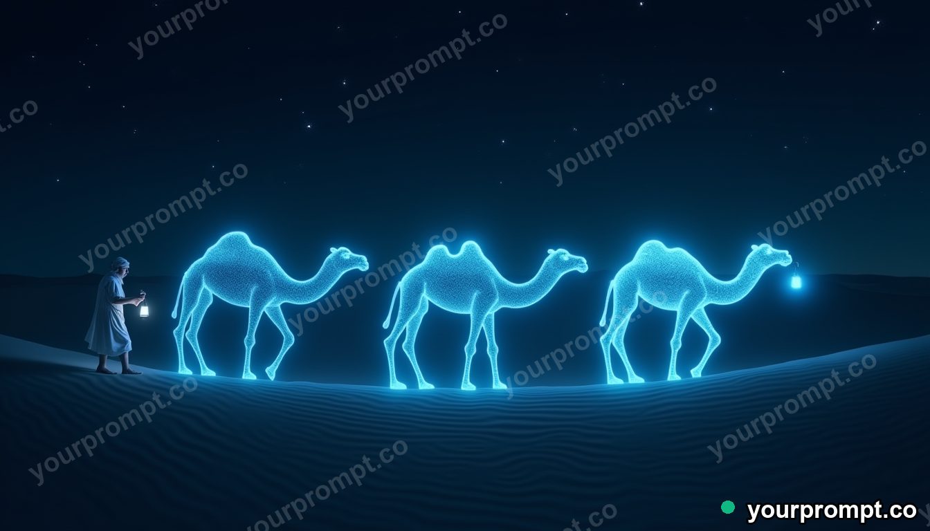 Holographic camel caravan in cinematic style — AI-generated image from a text prompt