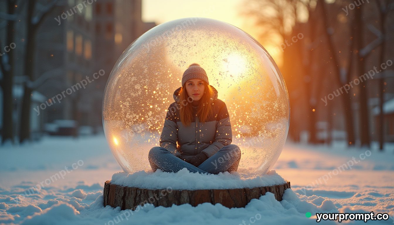 Snow globe refugee for summer in cinematic style — AI-generated image from a text prompt