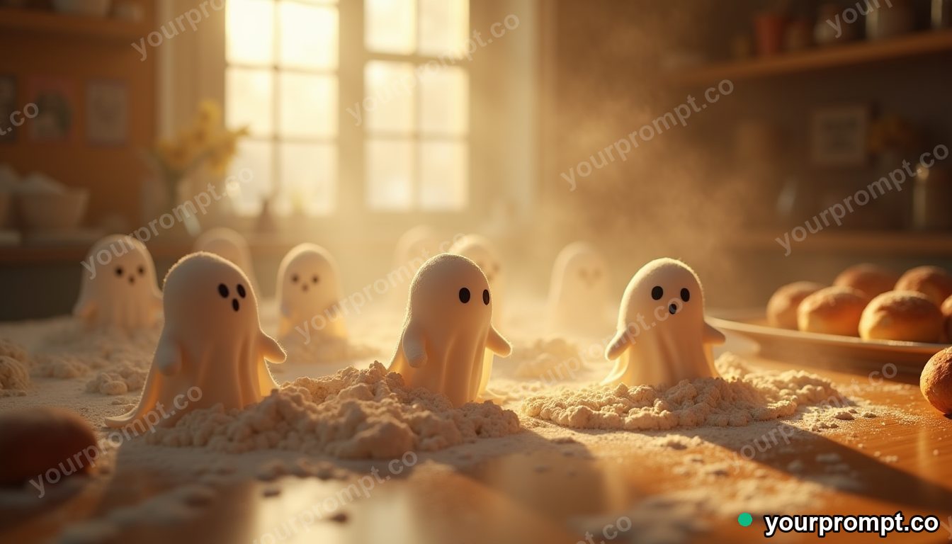 Tiny ghosts running a bakery in cinematic style — AI-generated image from a text prompt