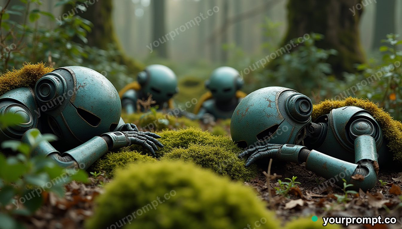Bronze garden of sleeping robots in cinematic style — AI-generated image from a text prompt