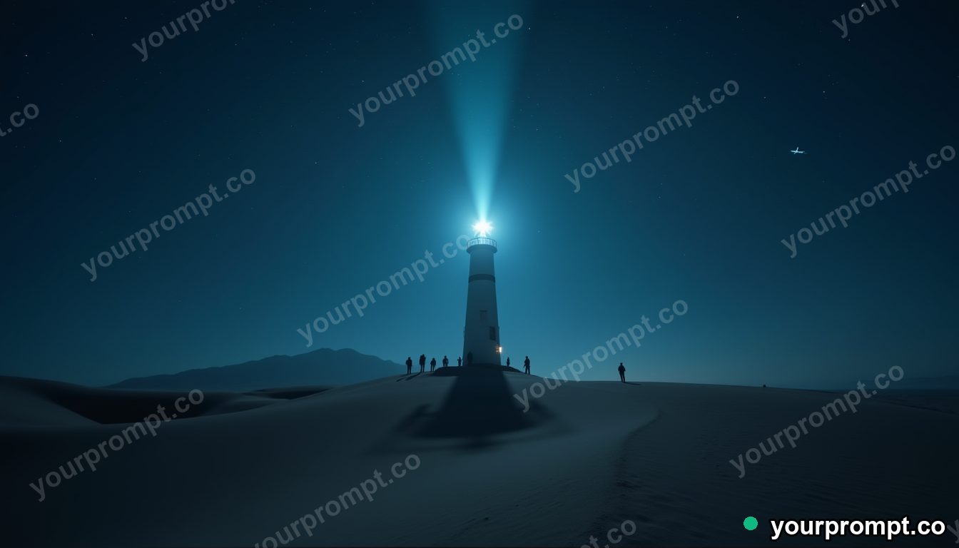 Desert lighthouse for lost satellites in cinematic style — AI-generated image from a text prompt