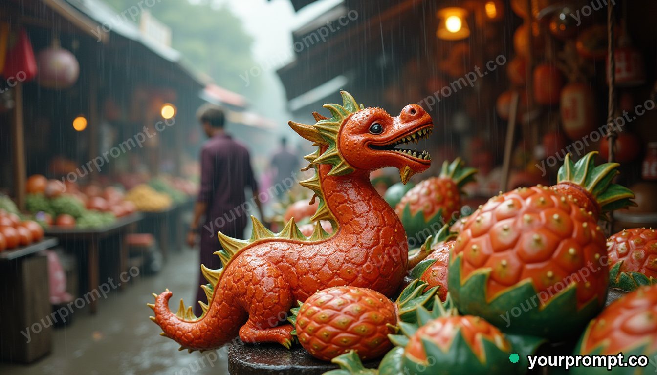 Ceramic dragon fruit marketplace in cinematic style — AI-generated image from a text prompt