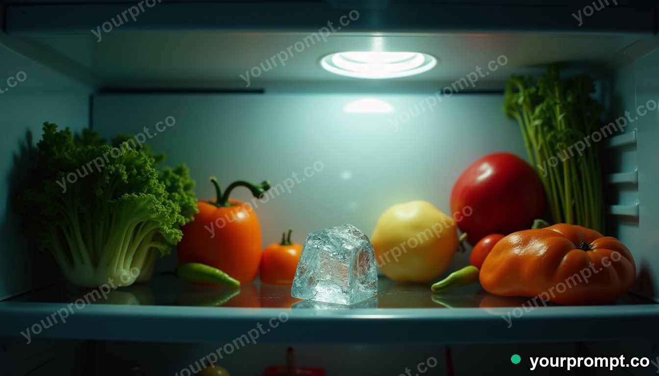 Theater stage inside a refrigerator in cinematic style — AI-generated image from a text prompt