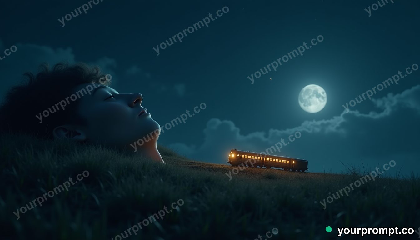 Night train through a sleeping face in cinematic style — AI-generated image from a text prompt