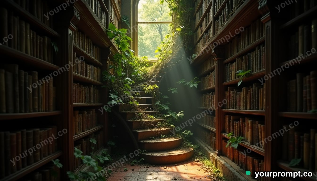 Library ladders growing leaves in cinematic style — AI-generated image from a text prompt