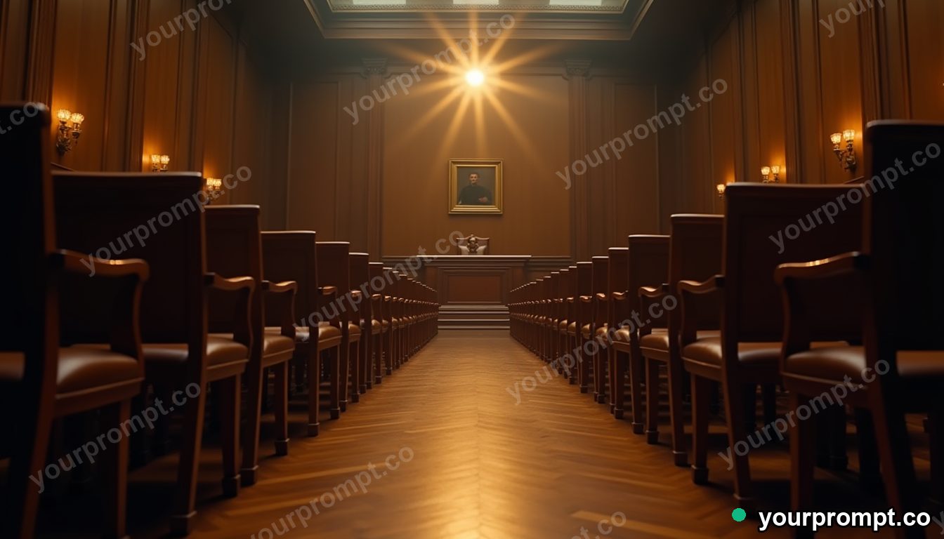 Courtroom of talking chairs in cinematic style — AI-generated image from a text prompt