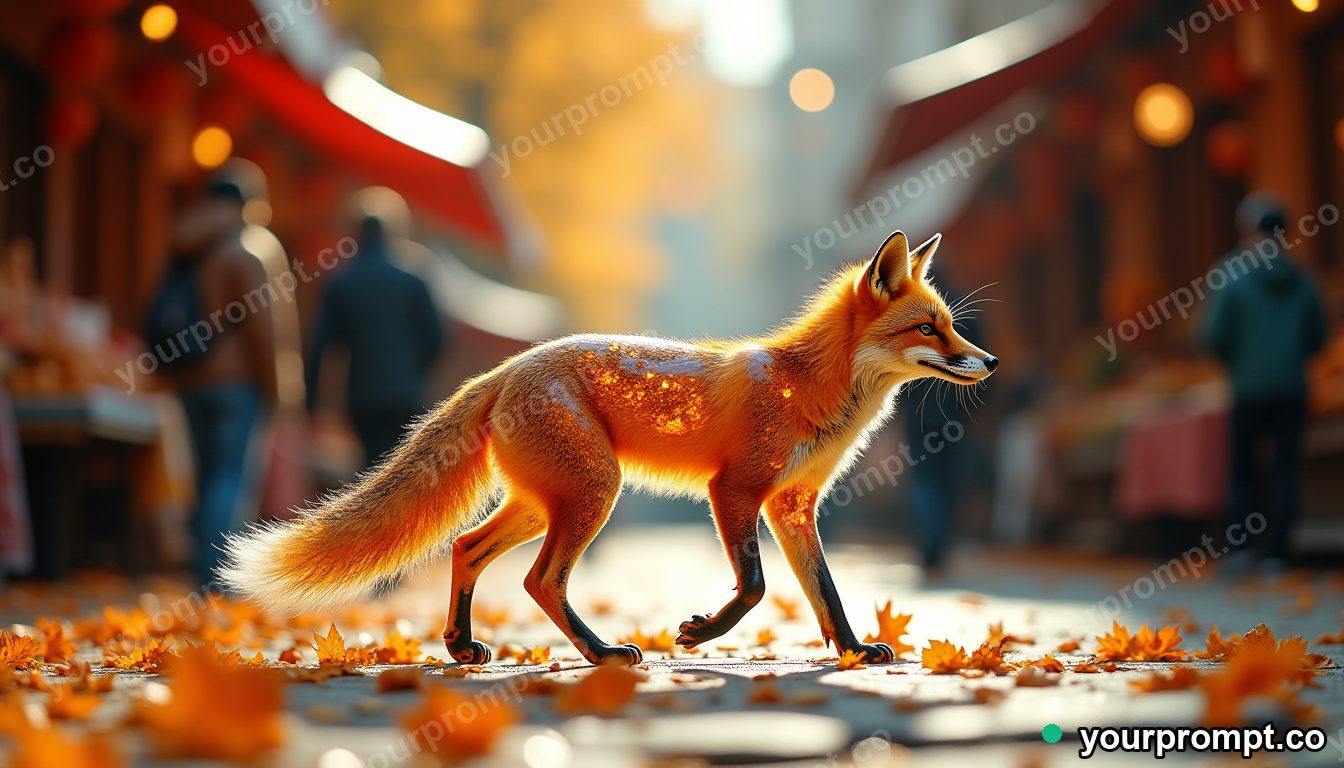 Glass fox in autumn market in cinematic style — AI-generated image from a text prompt