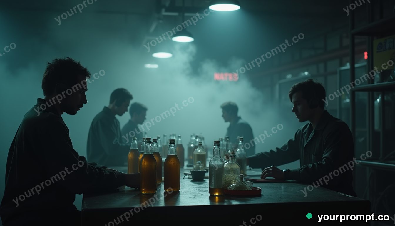 Factory where echoes are bottled in cinematic style — AI-generated image from a text prompt