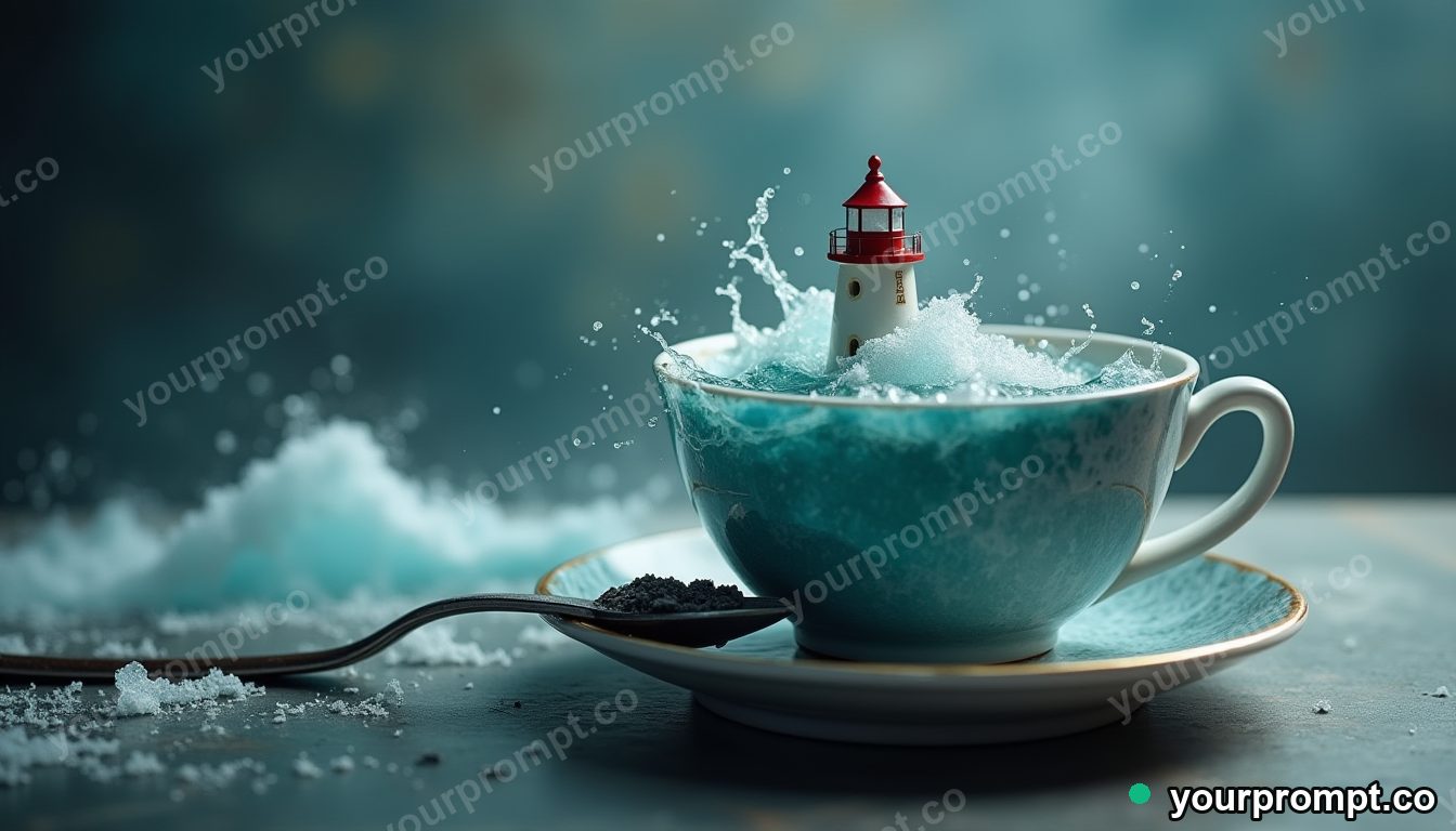 Tiny lighthouse inside a tea cup in cinematic style — AI-generated image from a text prompt